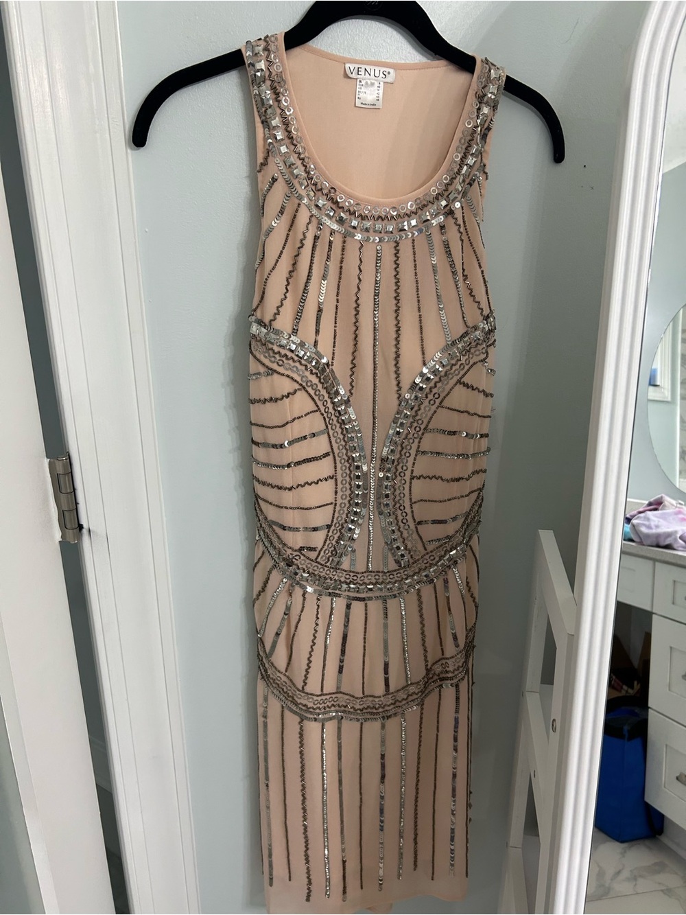 VENUS Nude Beaded Midi Sheath Dress NWT